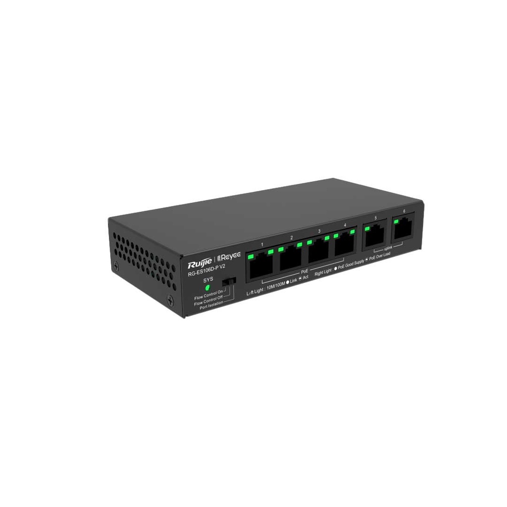 Ruijie Reyee RG-ES106D-P V2 6-Port 10/100 Mbps Unmanaged Switch With 4-Port PoE+